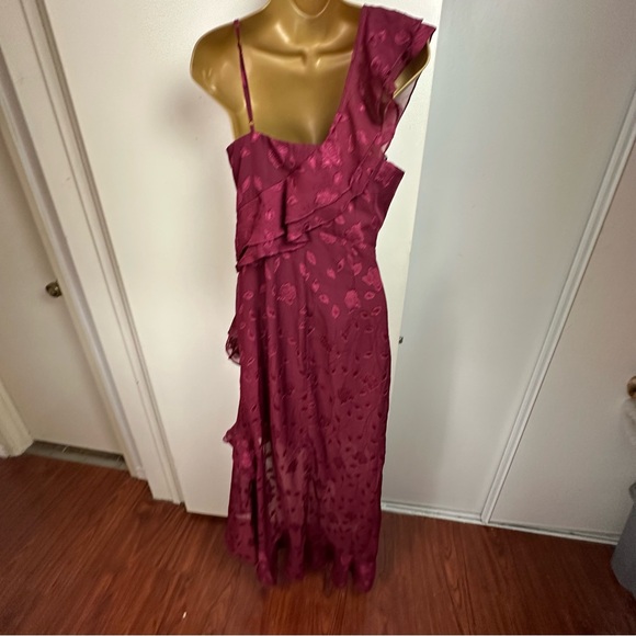 Lulus Burgundy Forever Be Floral Jacquard Ruffled Asymmetrical Maxi Dress NWOT S - Picture 8 of 16